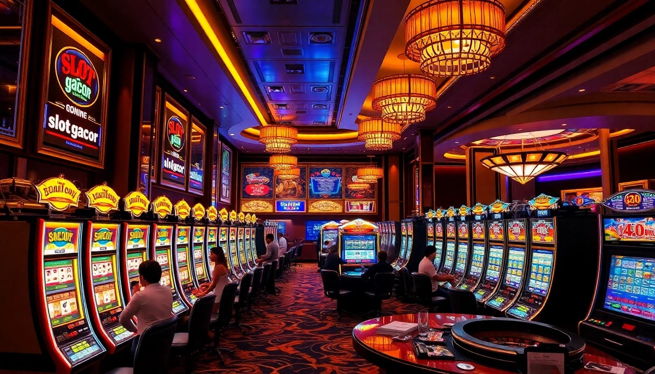 Experience the thrill of slot gacor machines in a vibrant casino with players eagerly winning.