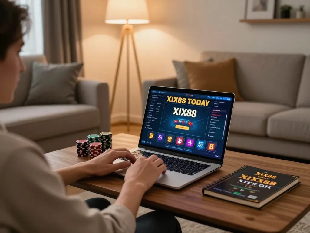 Enjoying online gambling with XX88 TODAY in a cozy home setting with laptop and poker chips