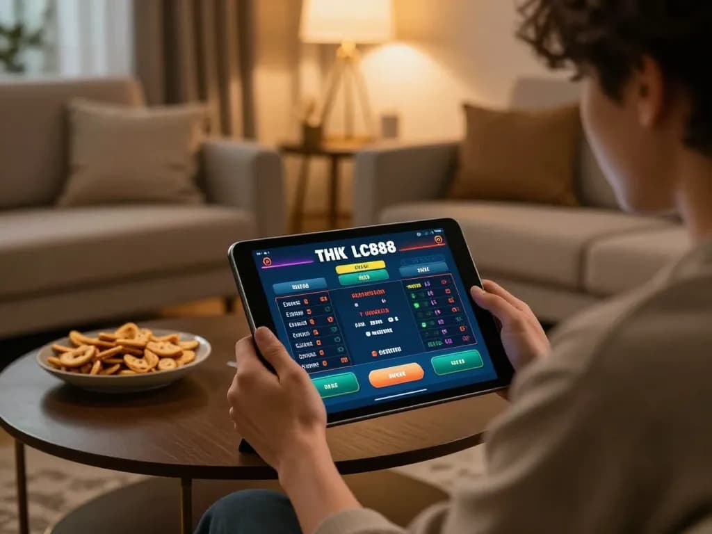 Engaging in online betting on LC88 using a tablet in a cozy home setting
