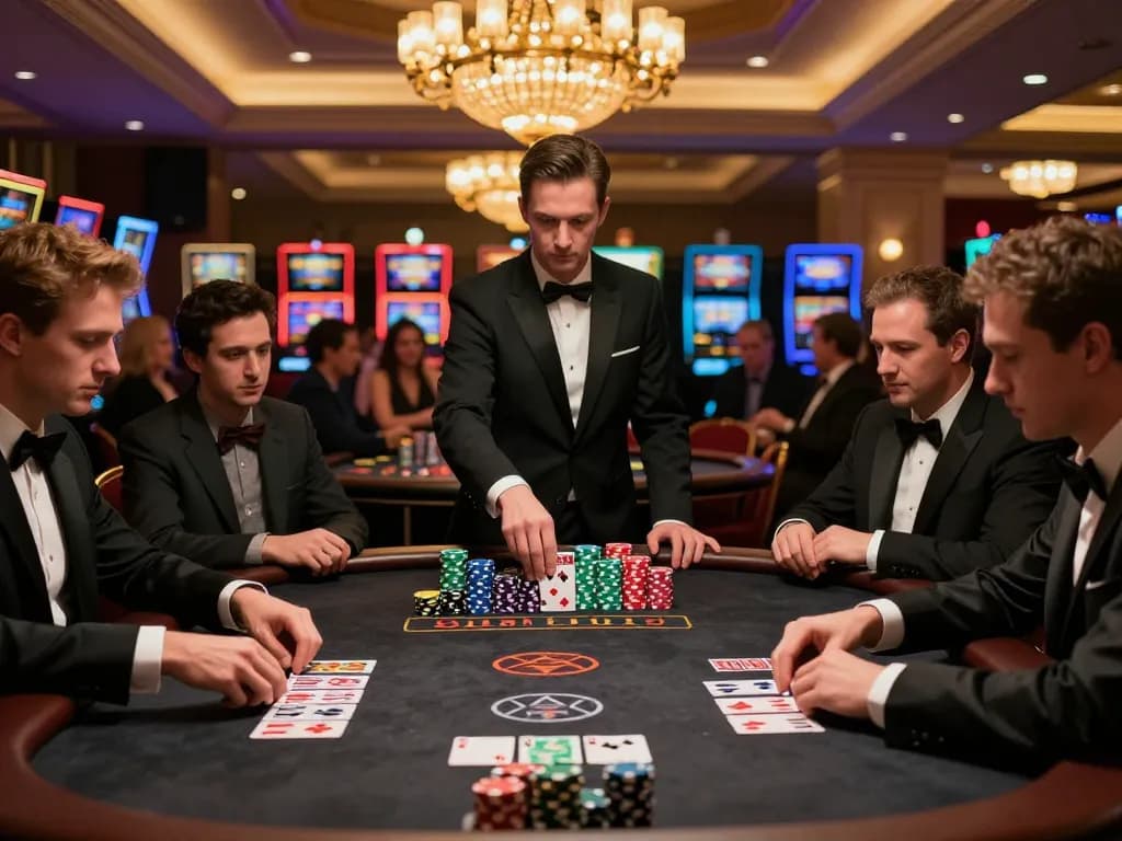 High-stakes blackjack at IWIN CLUB with players concentrated on their cards and vibrant chip stacks