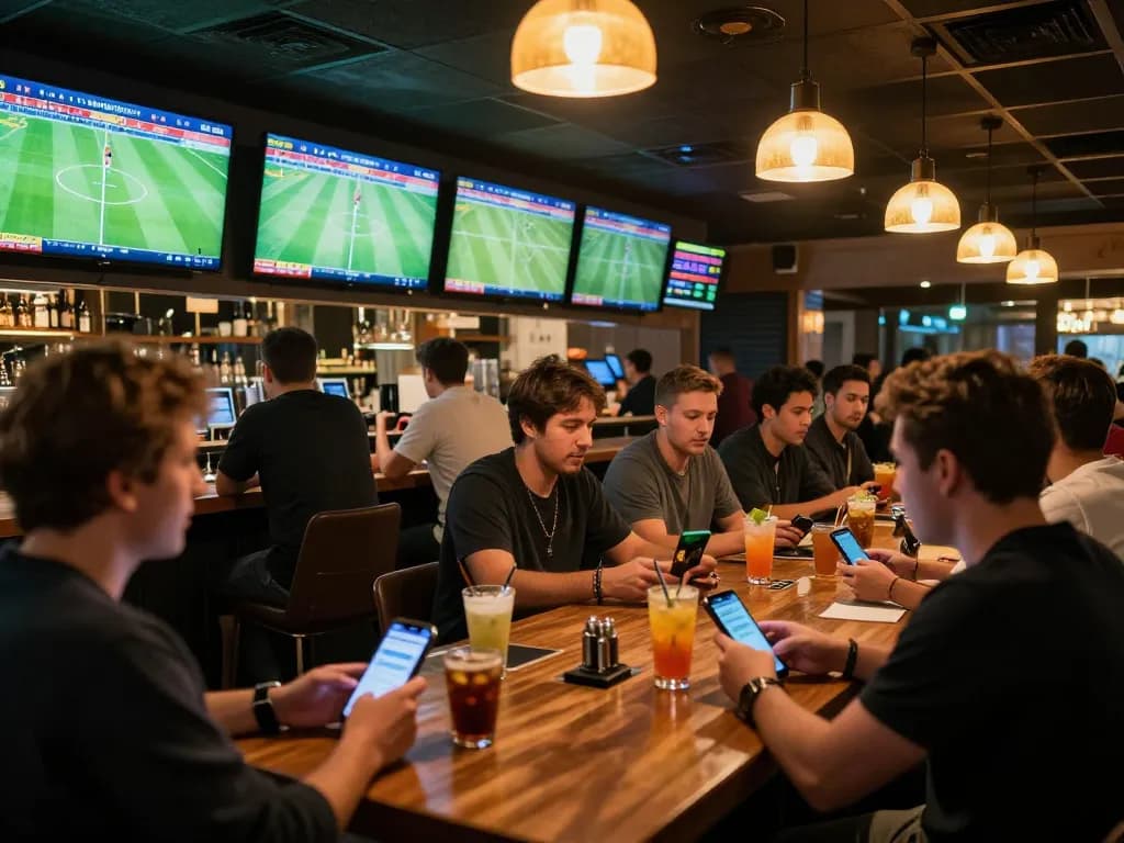 Soi Kèo enthusiasts actively engaging in sports betting with mobile apps in a lively environment.