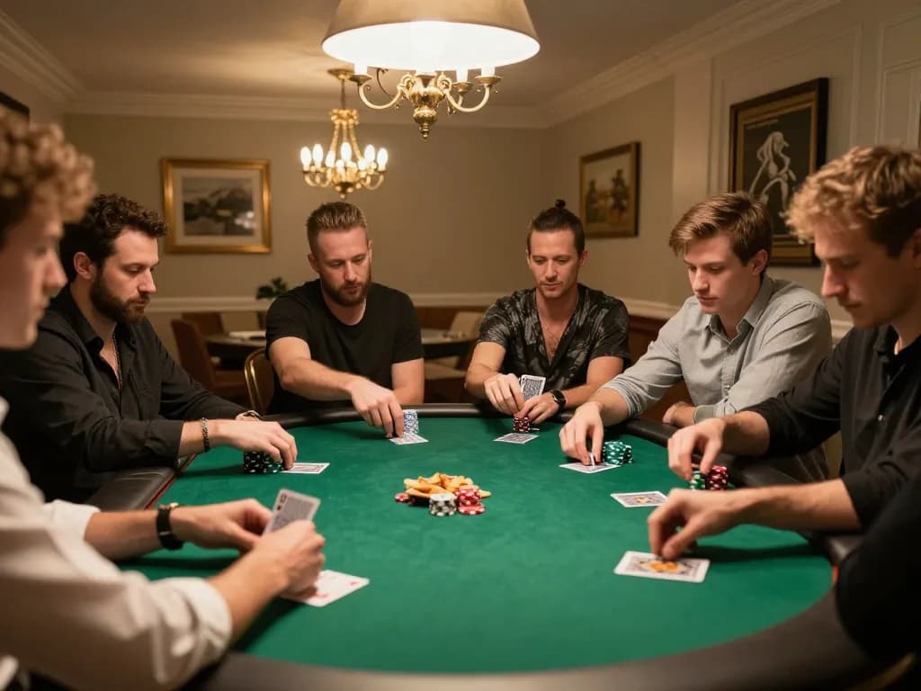 Sunwin poker night scene with friends strategizing and playing cards in an elegant home setting.