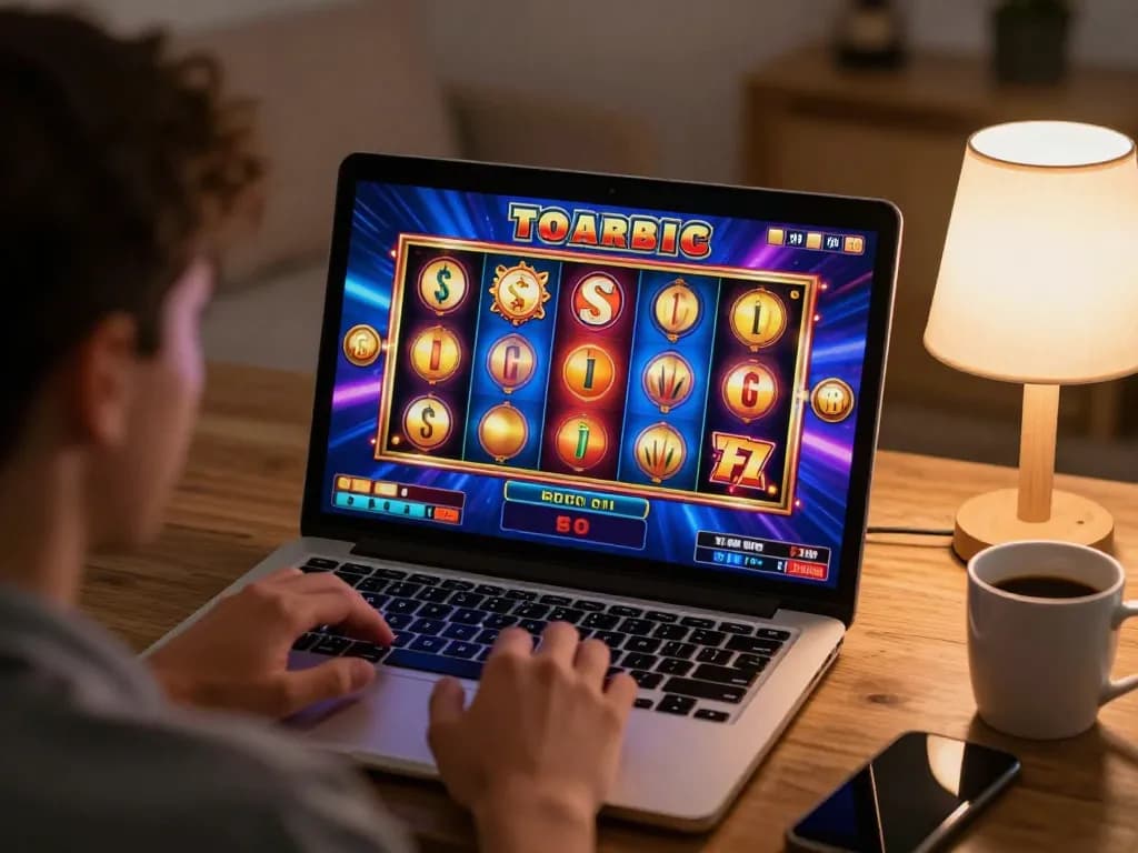 Engaging online gaming session on a laptop for to188 slot game activity