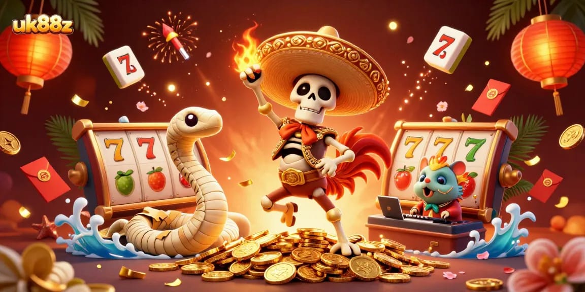 Catch the excitement at uk88z with a lively casino scene featuring colorful characters and slot game elements.