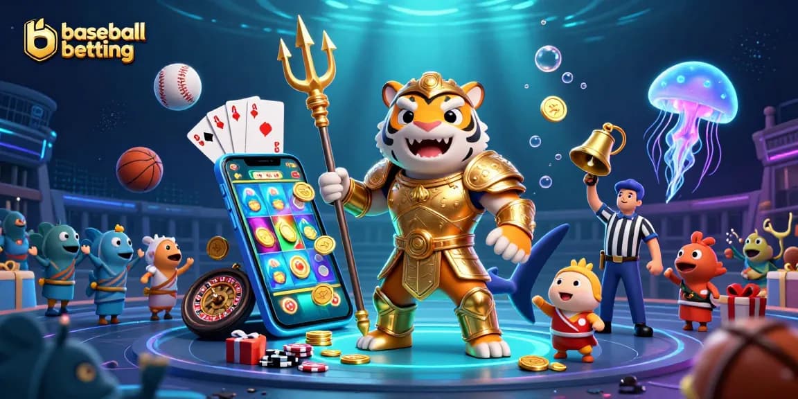 Engage in baseball betting with a dynamic underwater casino scene featuring vibrant characters and exciting game elements.