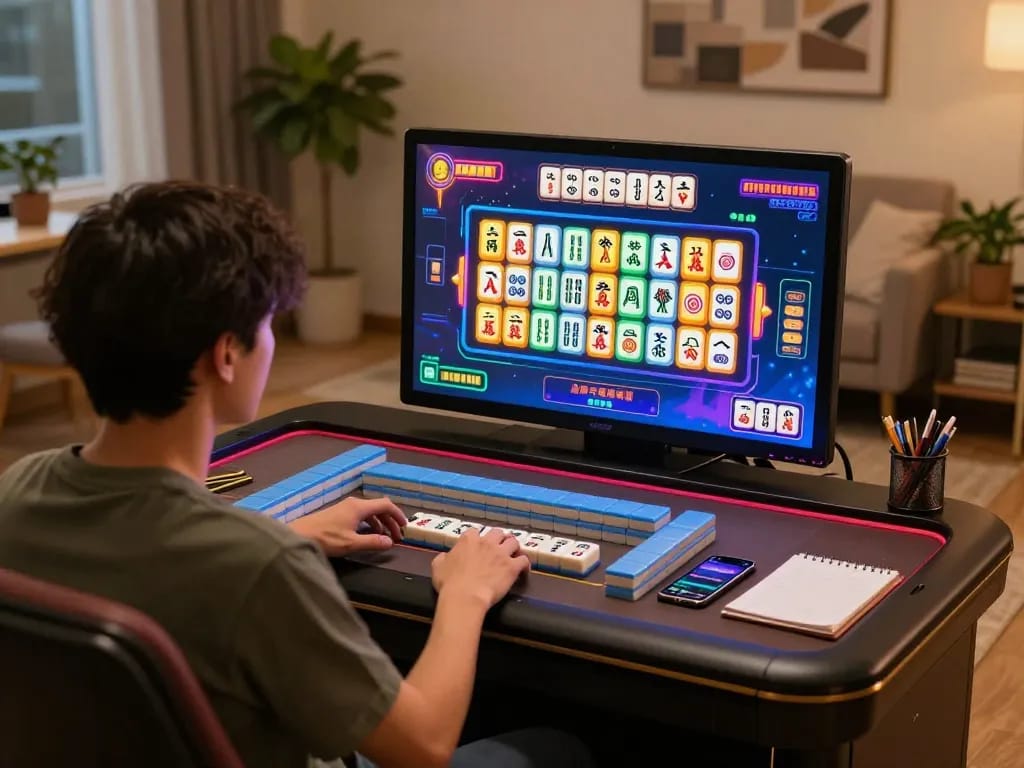Player engaging with slot mahjong game on tablet, highlighting strategy and gameplay in a bright atmosphere