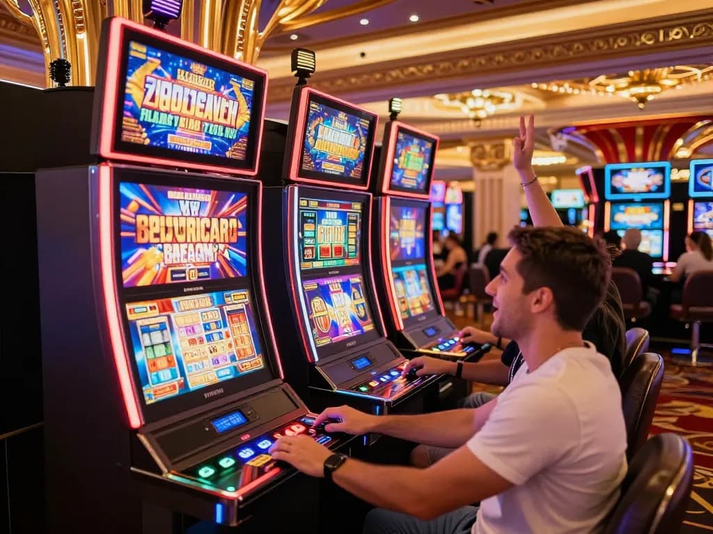 Players celebrating big wins at colorful slot machines in an exciting casino.