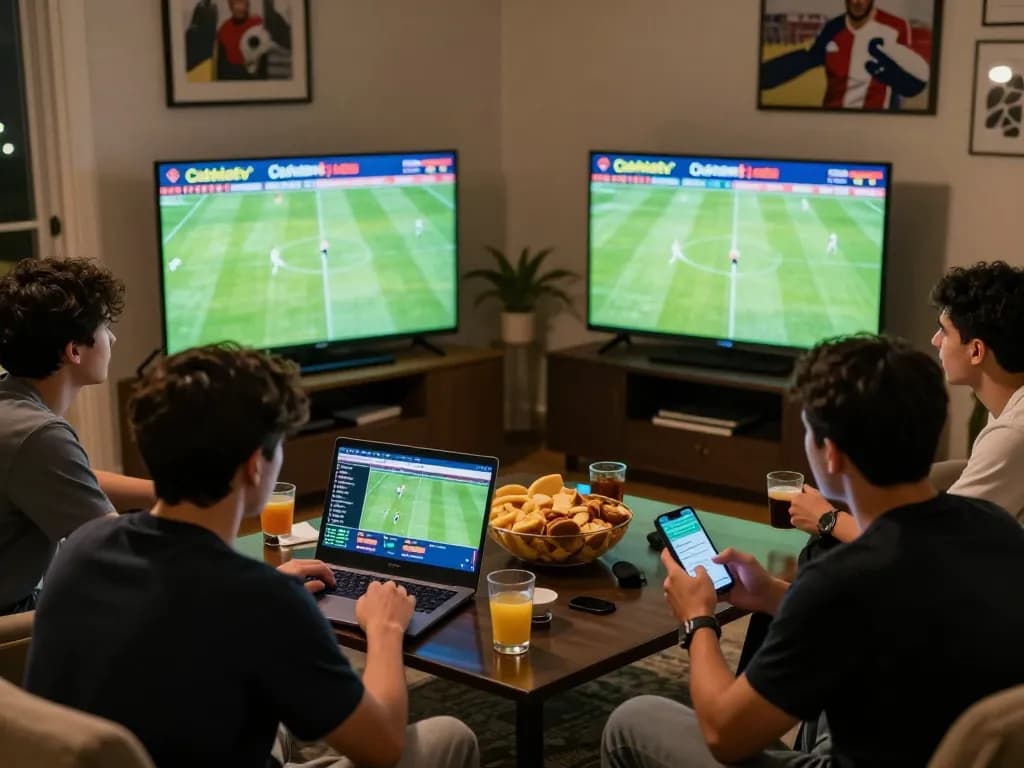 Cakhiatv live sports betting scene with friends enjoying an exciting match, laptops and smartphones active.