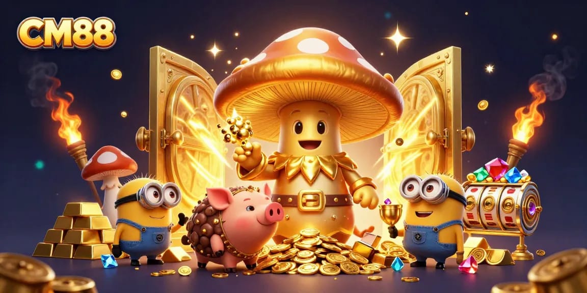 Experience the magic of CM88 as the golden mushroom wizard turns treasures to gold in this vibrant casino scene.