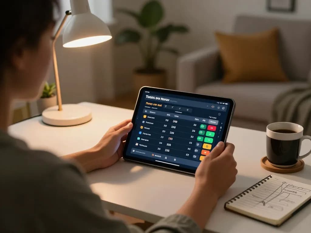 Soi kèo nhà cái hôm nay with a person betting on a tablet, showing excitement and strategies in a cozy home setup.