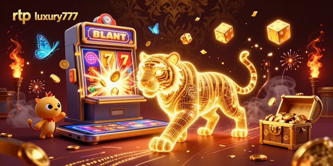 Rtp luxury777 menghadirkan suasana kasino digital dengan harimau emas bercahaya dan mesin slot berlimpah koin.