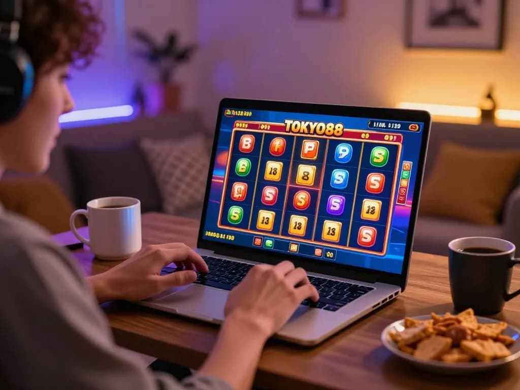 Pemain yang terlibat menikmati permainan slot TOKYO88 di pengaturan rumah yang nyaman, menampilkan perjudian online yang vibrant.