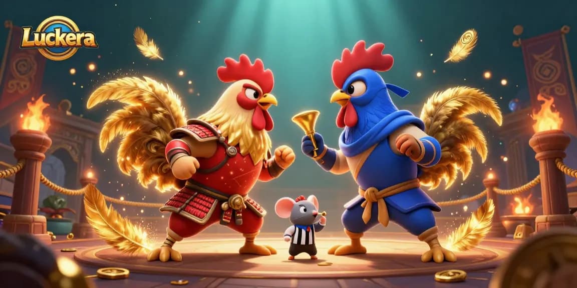 Engage in thrilling Luckera battles with cartoon roosters in a vivid casino-inspired arena.