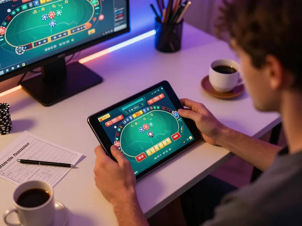 MPOID user engaging in mobile poker game at stylish home office setup during evening.