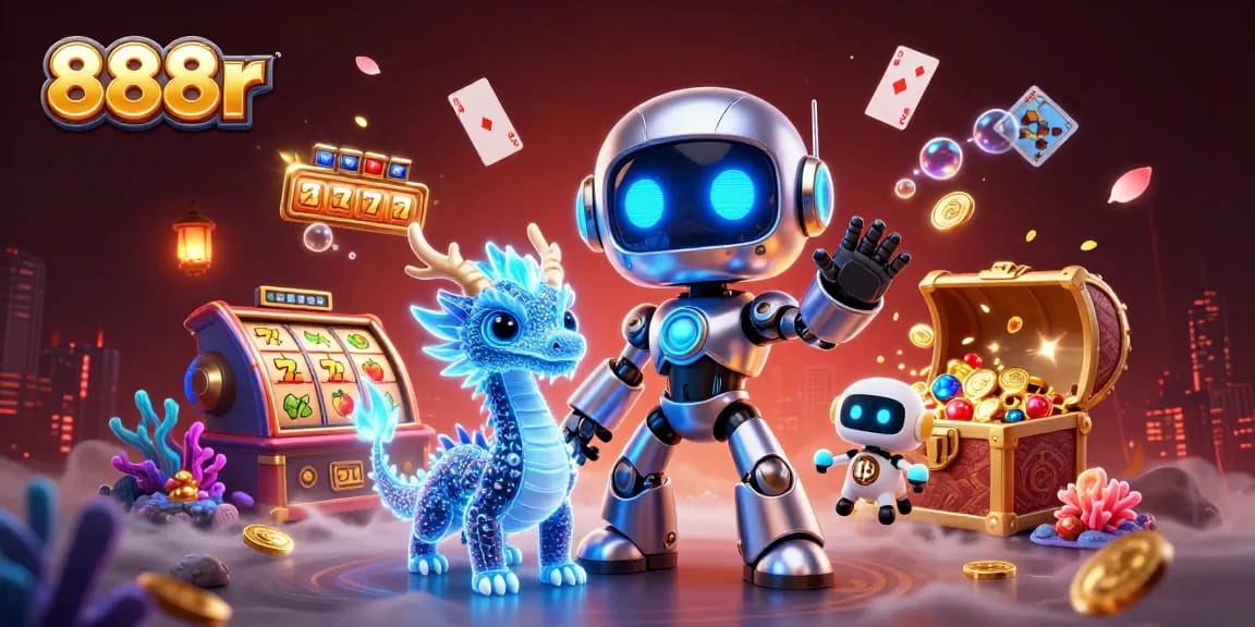 Engage with the thrilling 888r casino adventure featuring a cyberpunk robot and treasure elements.