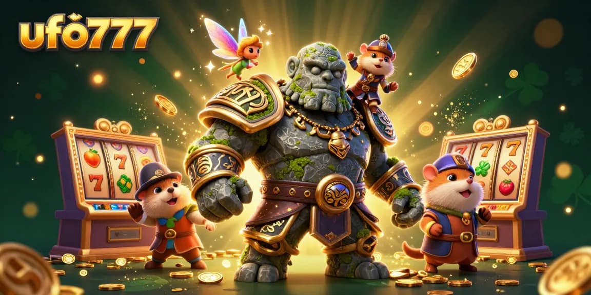 Experience exciting gameplay on ufo777 with a vibrant scene showcasing a golem guardian and more.
