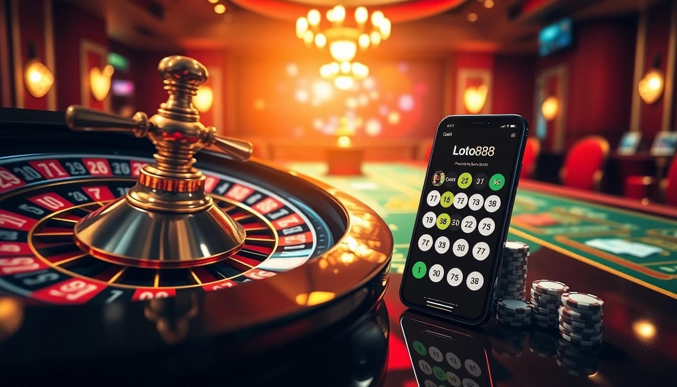 Loto188 online gambling scene with a vibrant roulette wheel and premium poker chips.