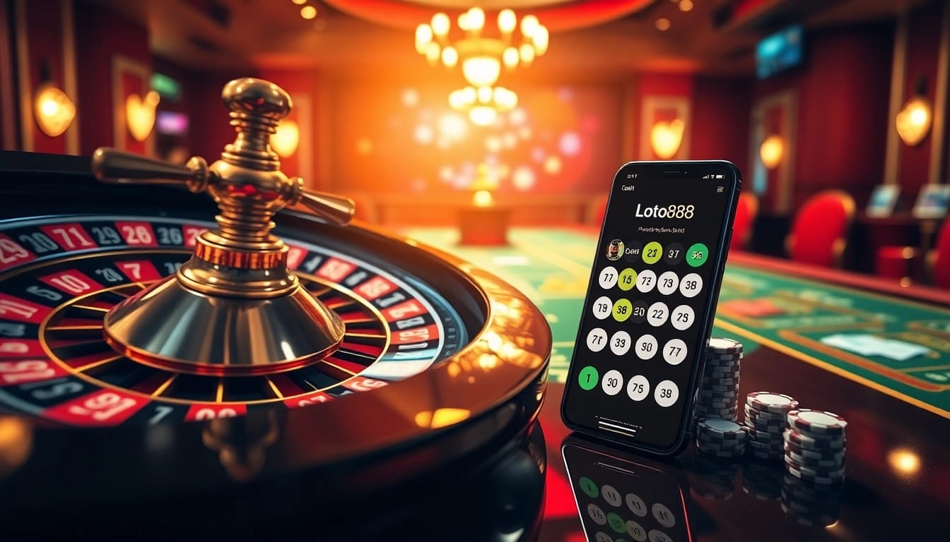Loto188 online gambling scene with a vibrant roulette wheel and premium poker chips.