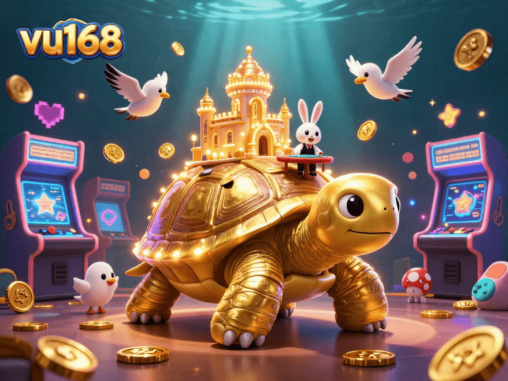 Experience the excitement at vu168 with a vibrant casino scene featuring a golden tortoise and wealthy game elements.