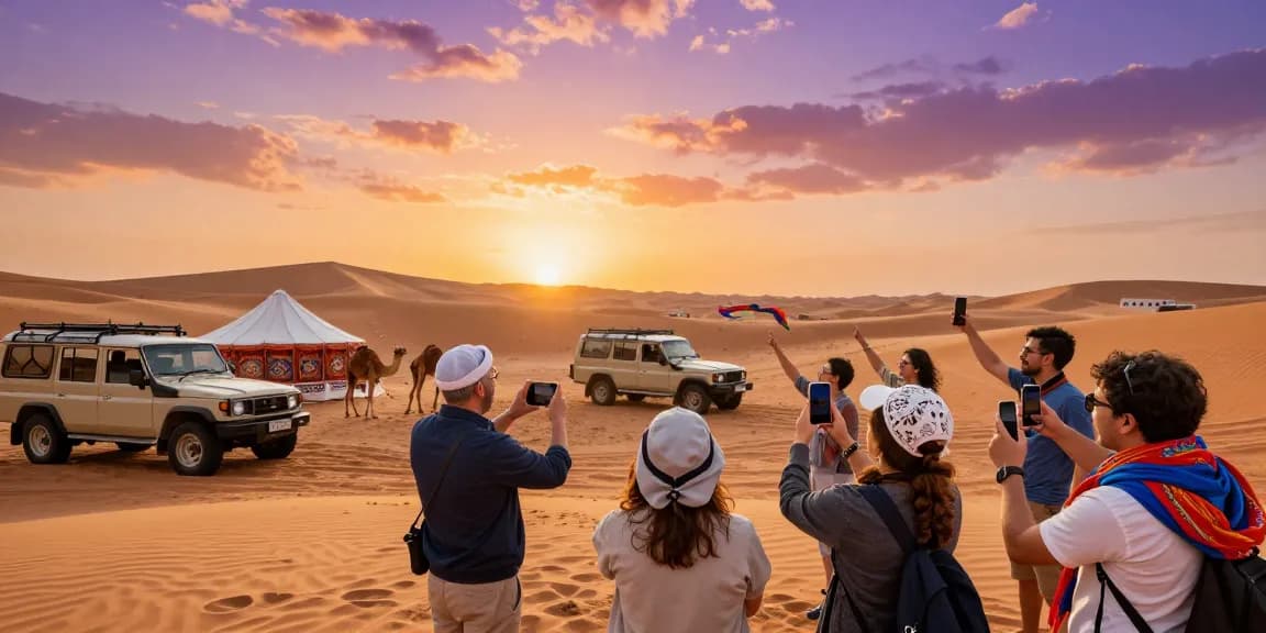Exploring slot gacor themes in a vibrant desert adventure with tourists during sunset