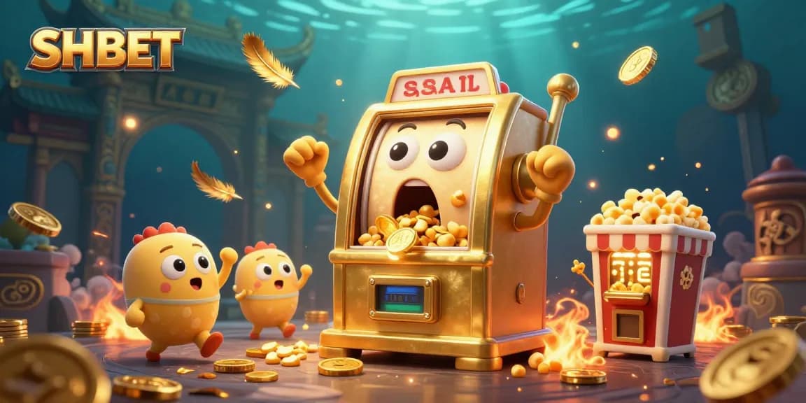 Experience the excitement of SH BET as the golden slot machine hits a jackpot, surrounded by cheerful companions!