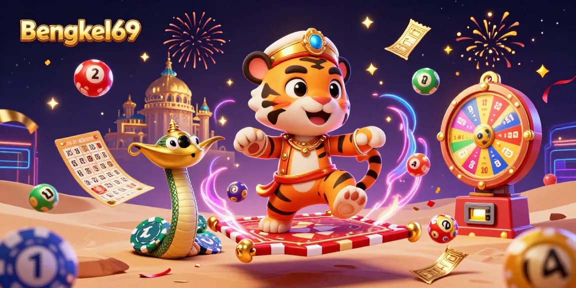 Bengkel69 brings excitement to gaming with colorful lottery and bingo elements in a vibrant casino scene.