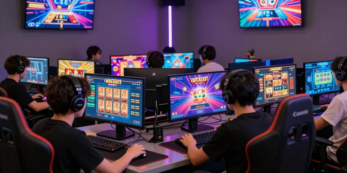 ngamenjitu gaming enthusiasts enjoying vibrant online lottery and slot games in a modern gaming lounge
