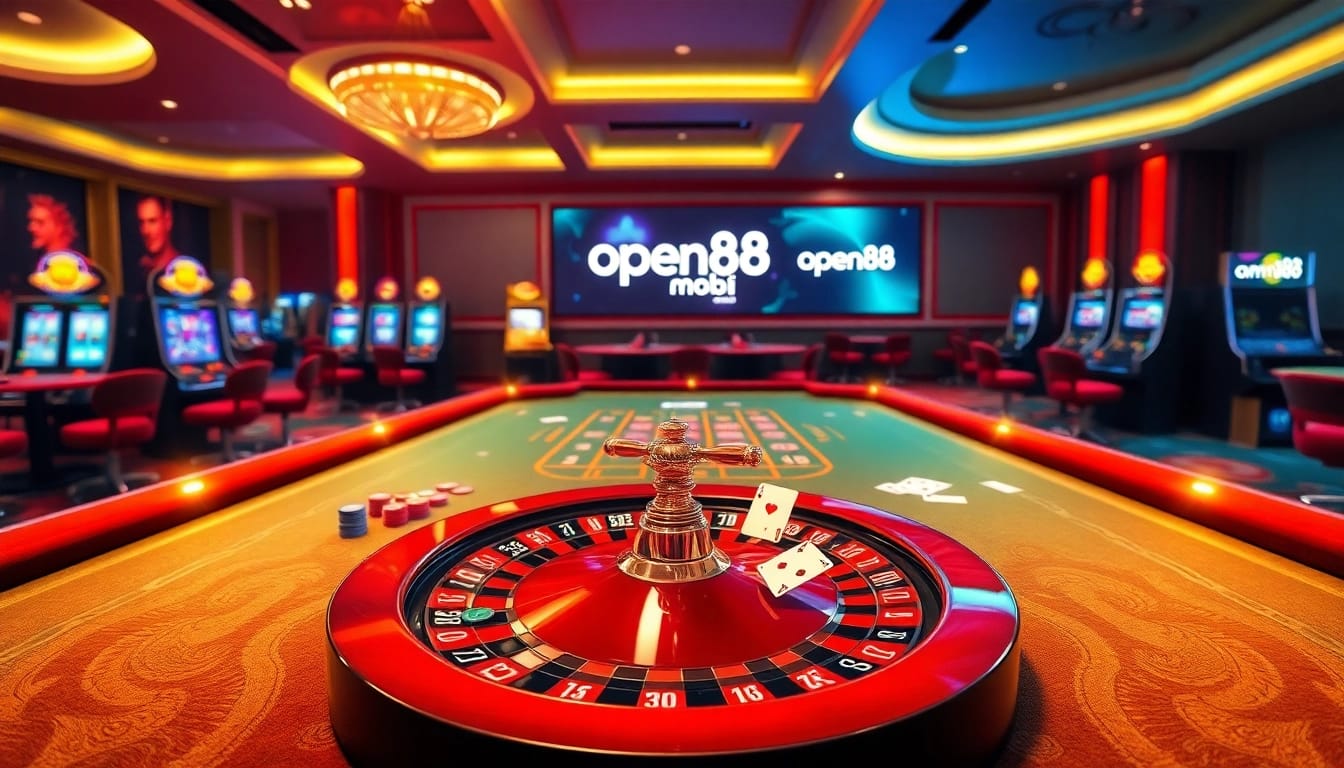 Experience the excitement of open88 mobi in a luxurious casino environment with roulette, cards, and vibrant slot machines.
