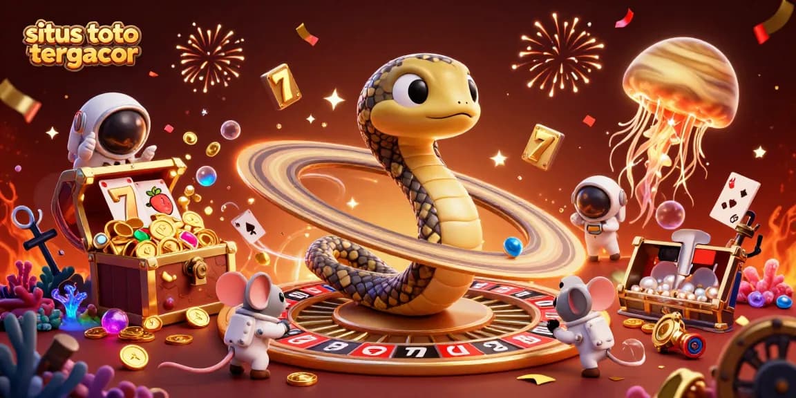 situs toto slot tergacor showcases cosmic characters gambling with slot reels against a vibrant 3D backdrop.