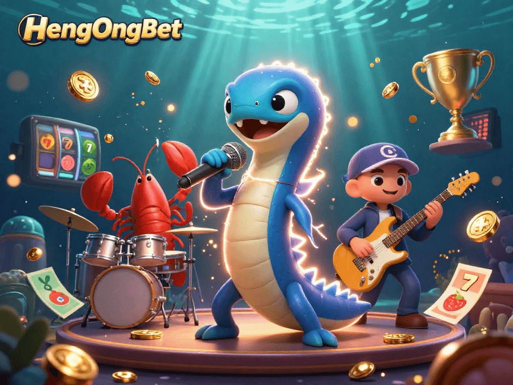 Engage with HengOngBet's thrilling underwater casino atmosphere featuring a vibrant DJ, band, and slot reels.