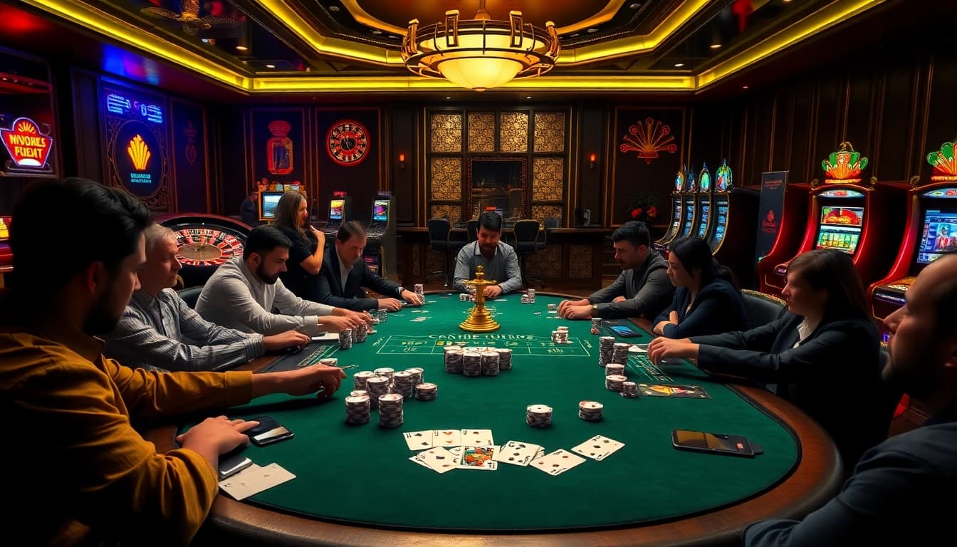 Players strategizing at a high-stakes poker table in an opulent casino setting featuring pg88 excitement.