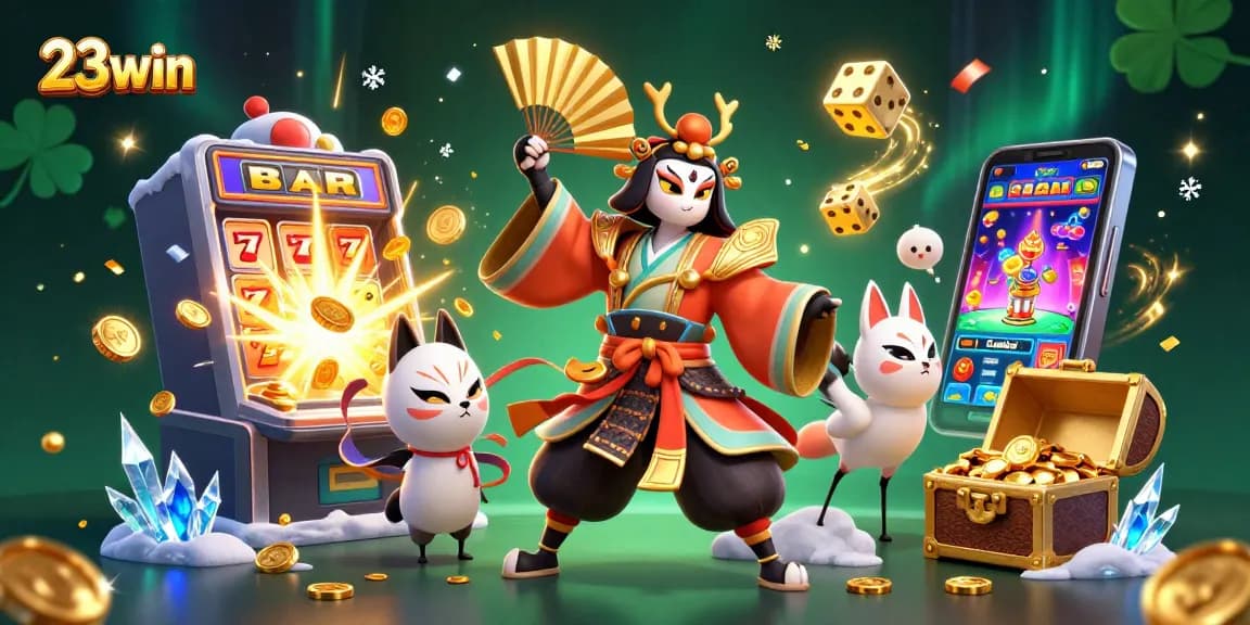 Win big at 23win with a vibrant 3D casino-themed illustration showcasing dynamic gambling elements.