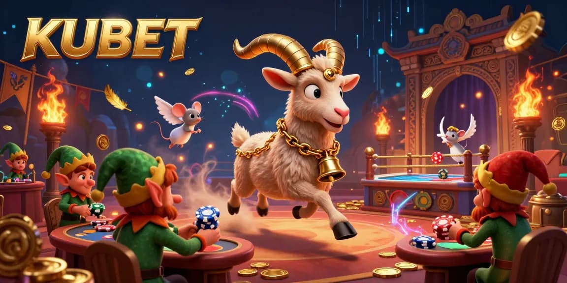 Experience KUBET's vibrant casino adventure featuring a Krampus goat, tiny angel mouse, and mischievous gremlins.