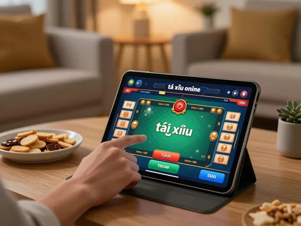 Player engaged with the app tài xỉu online uy tín, enjoying online gambling experience in a cozy living room.
