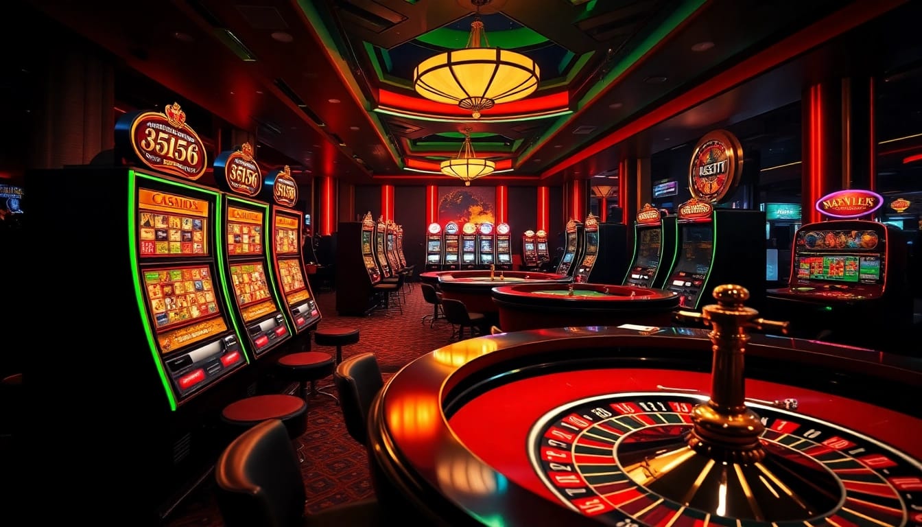 Menampilkan aksi permainan di kasino bbni4d dengan slot machine berwarna cerah dan meja roulette.