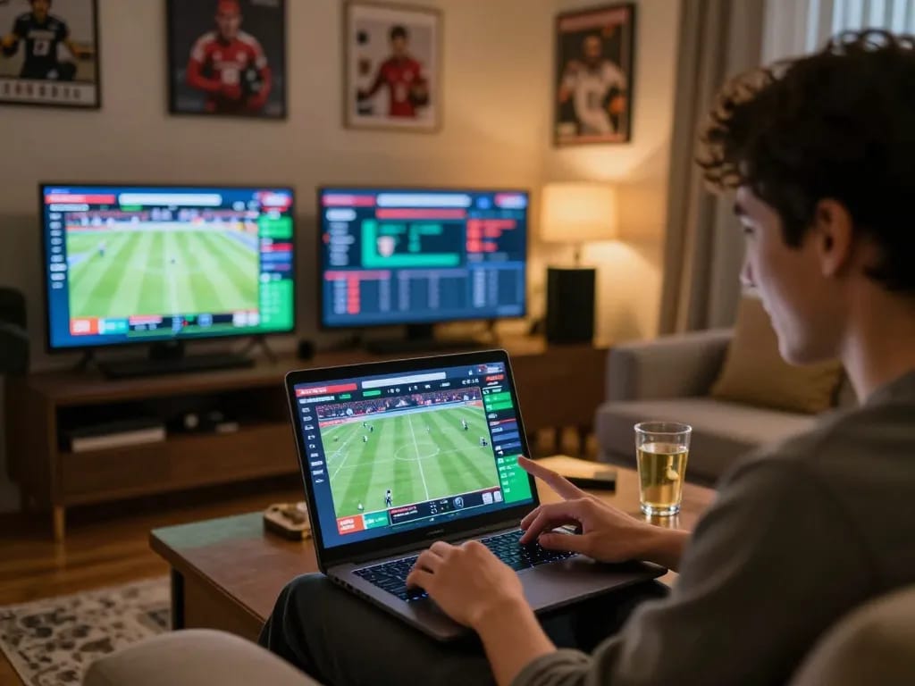 Person engaging in live betting on SC88's platform while streaming sports on a laptop at home.