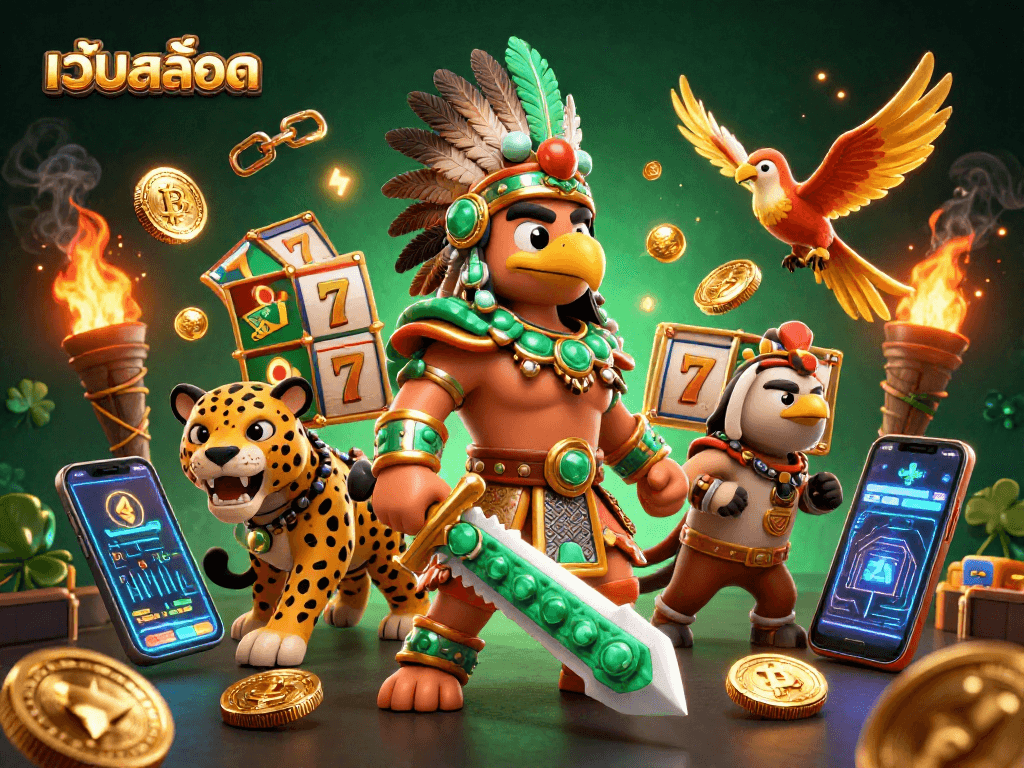 Engage in เว็บสล็อต excitement with 3D Aztec characters and vibrant casino elements showcasing dynamic casino and cryptocurrency fusion.