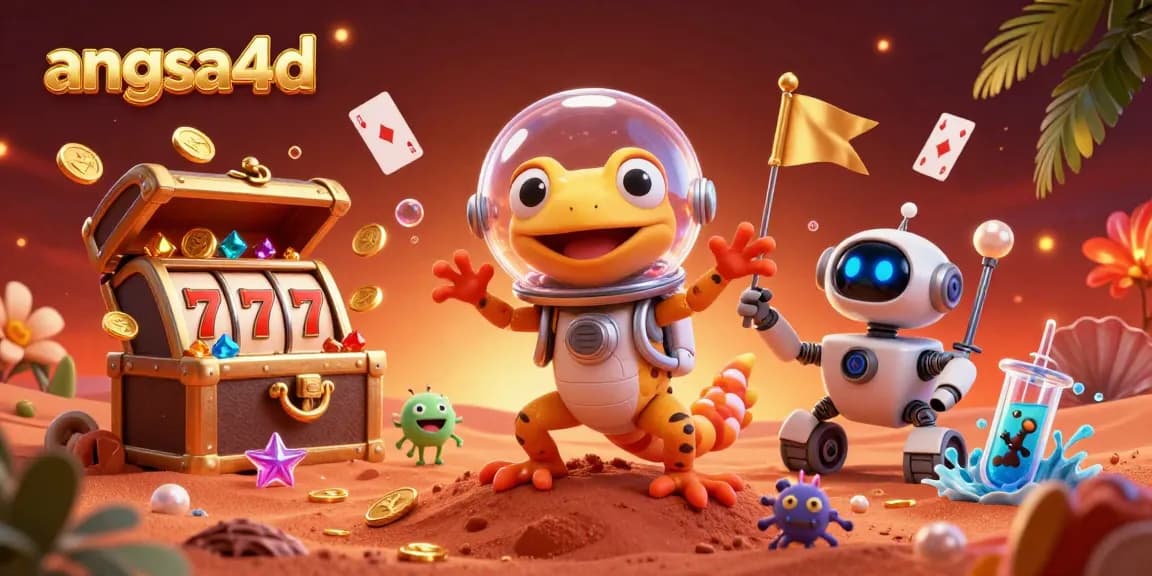 Engage with angsa4d in a vibrant 3D scene showcasing a Martian gecko in a casino setting filled with treasures and fun.