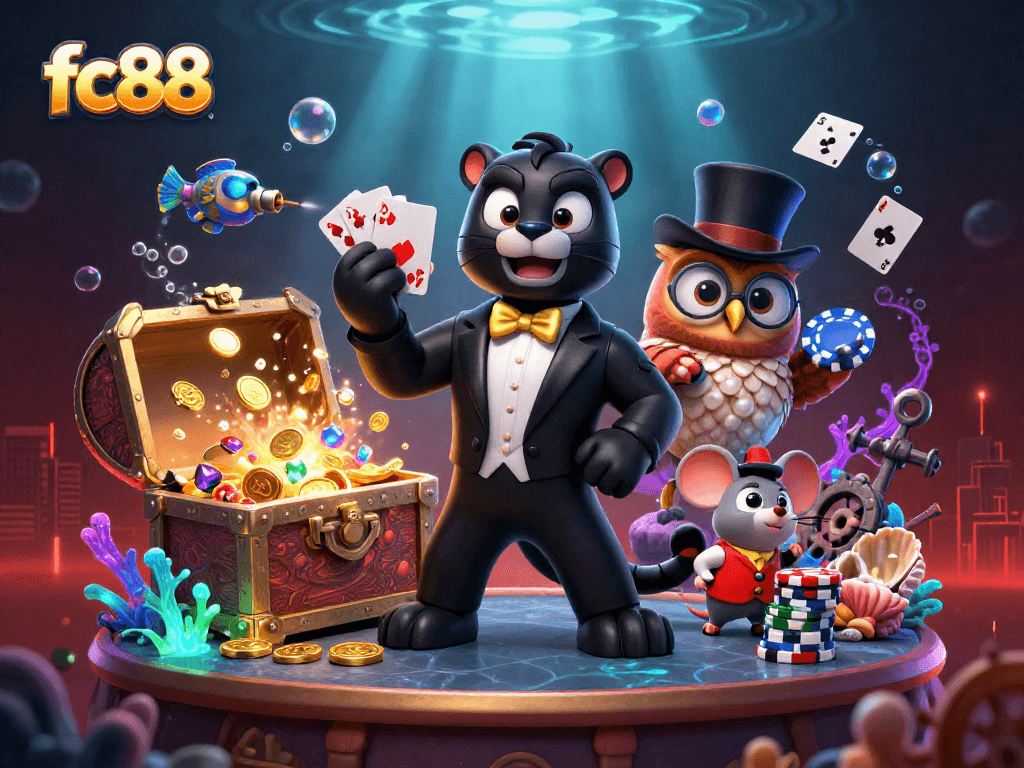 fc88 mang đến hình ảnh sôi động của các nhân vật hoạt hình trong sòng bài, đánh bài và cá cược.