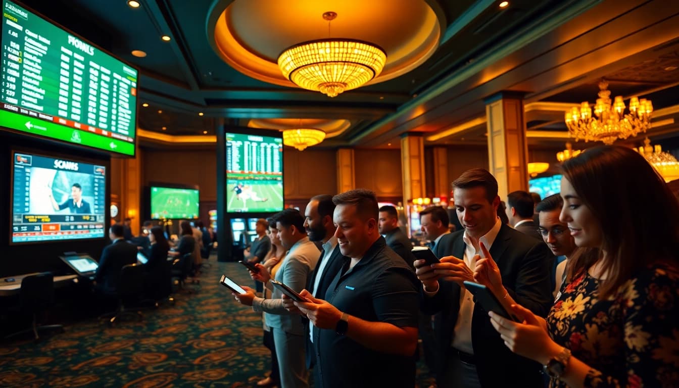 Engaged bettors enjoying the Singapore Sportsbetting Site in a vibrant casino setting.