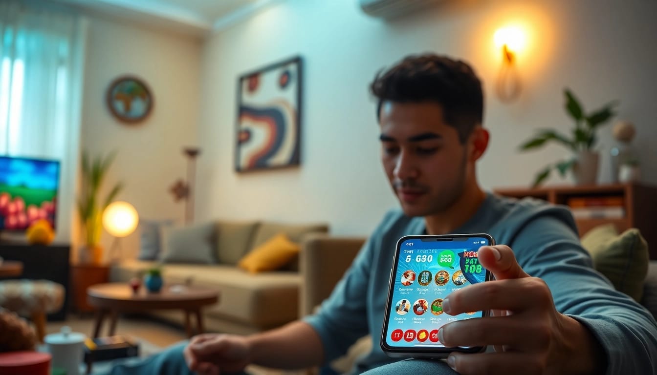Tải GO88 app interface showcased on a smartphone in a cozy living room setting, conveying excitement in online gaming.