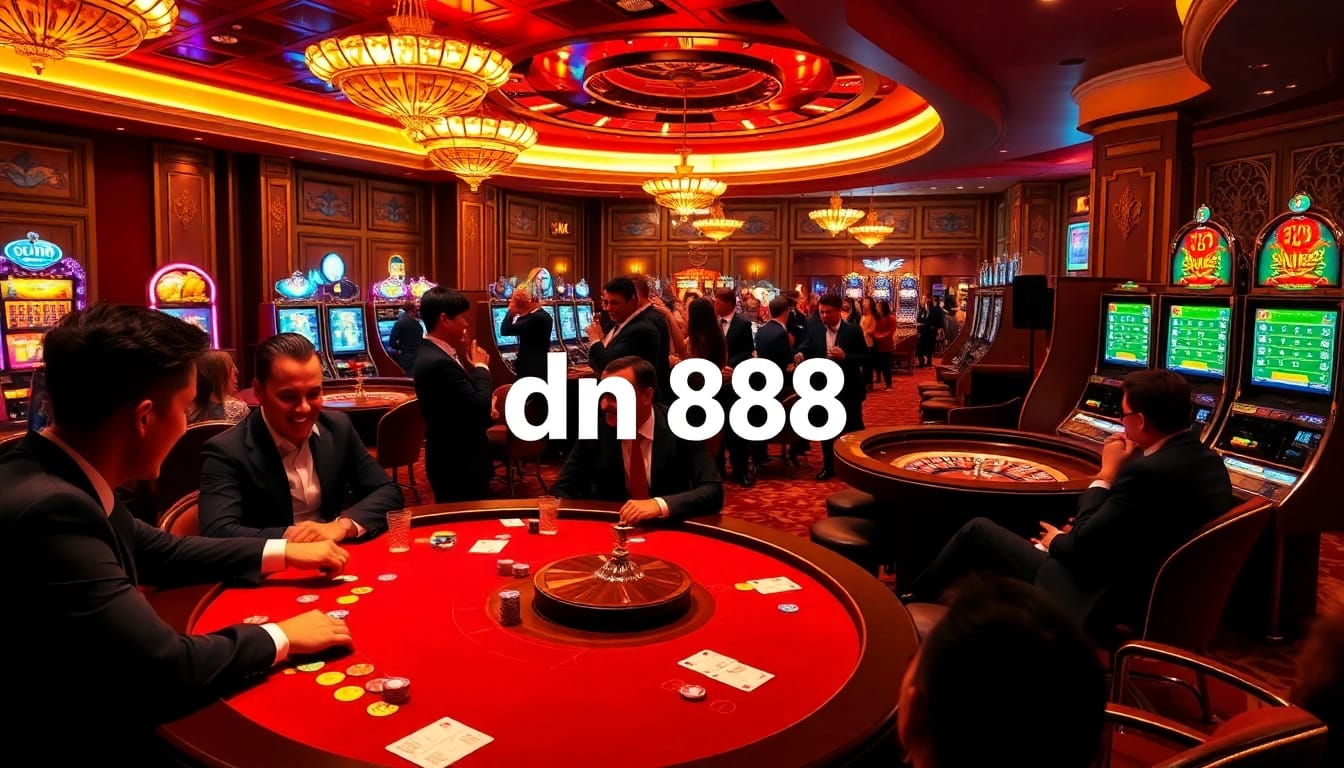 Engage in thrilling gameplay at dn 888's vibrant casino with lively poker tables and roulette wheels.