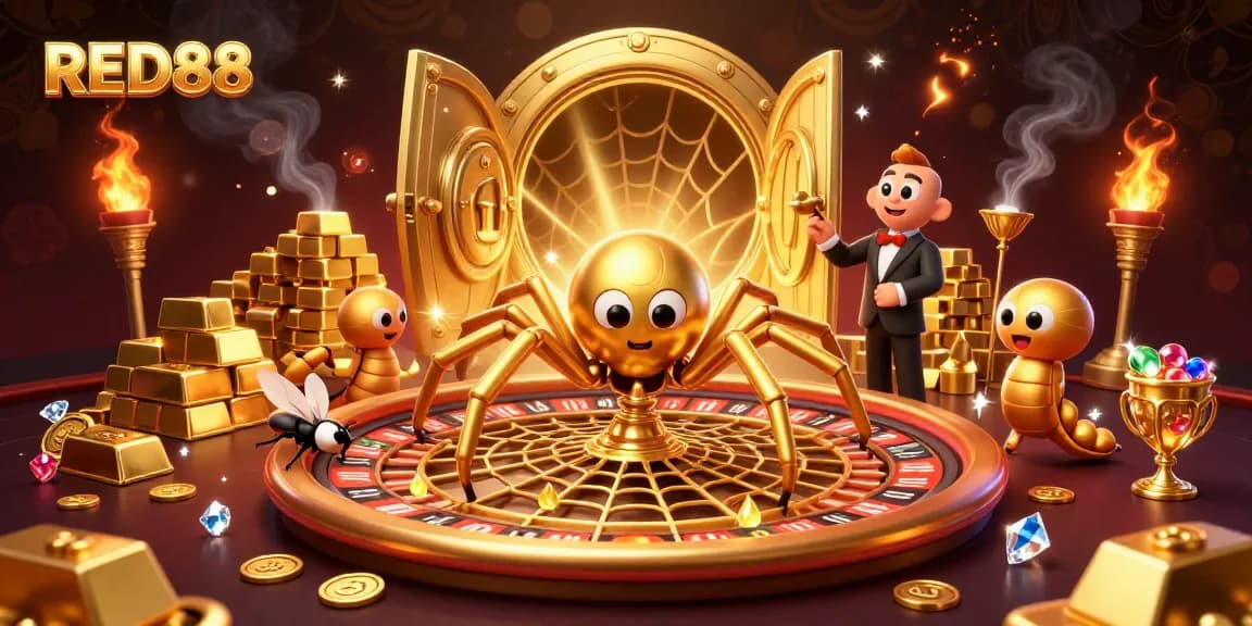 Experience the thrill of winning at RED88 as a fly places bets at a roulette wheel made of golden web
