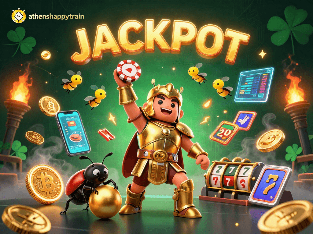 Experience exciting wins with athenshappytrain featuring a heroic beetle lifting a poker chip amidst vibrant casino elements.