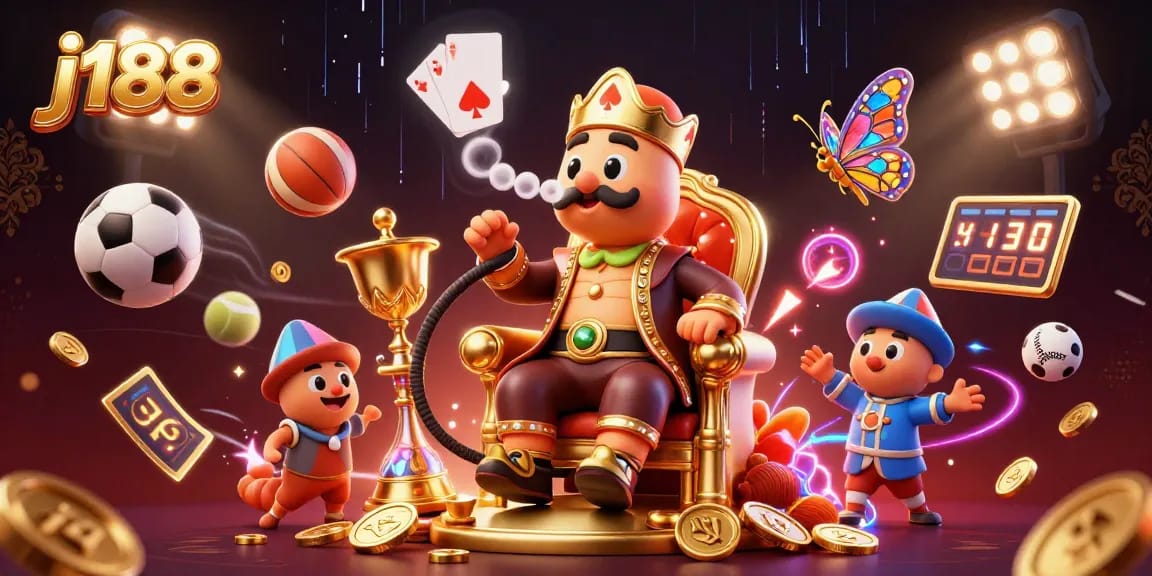 j188 showcases a dynamic casino scene with a caterpillar hookah-master, poker symbols, and vibrant sports elements.