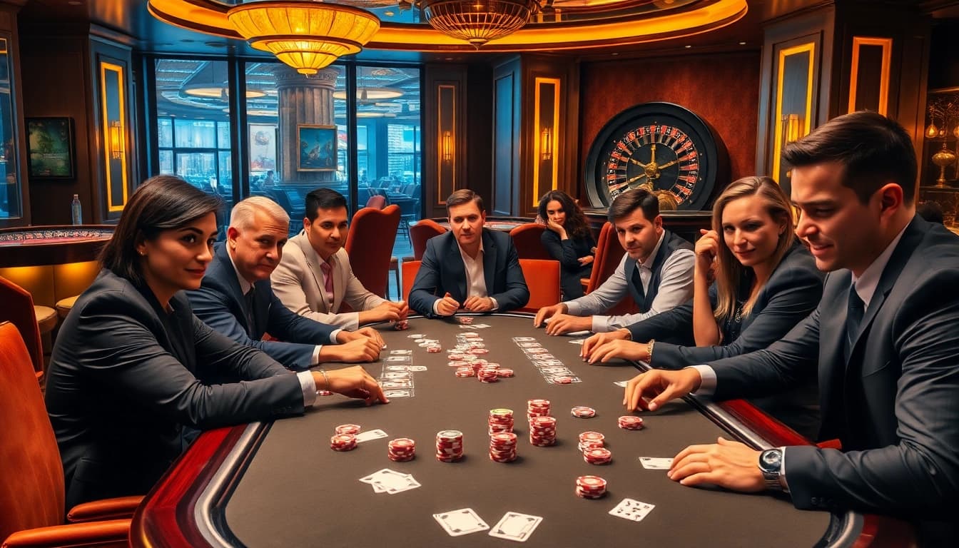 SODO casino scene with players engaged in poker surrounded by luxury decor and vibrant atmosphere.