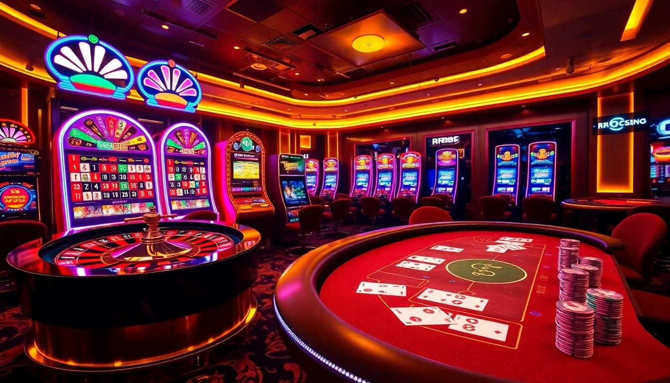 Exciting online gambling experience at RR88 with vibrant slot machines and roulette wheel.