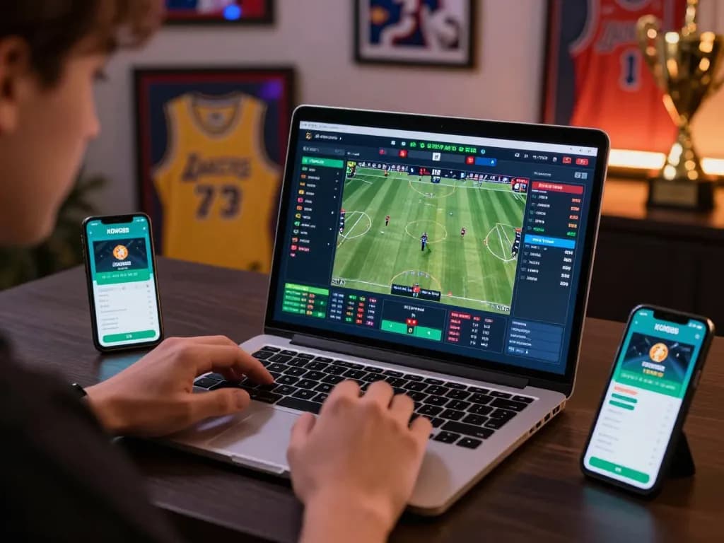 KONG88 user actively placing bets on live sports events using laptop, showcasing dynamic online betting environment.