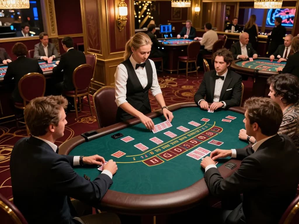 Live Casino baccarat table with players engaged in intense gameplay, showcasing dealer action and glamorous ambiance.