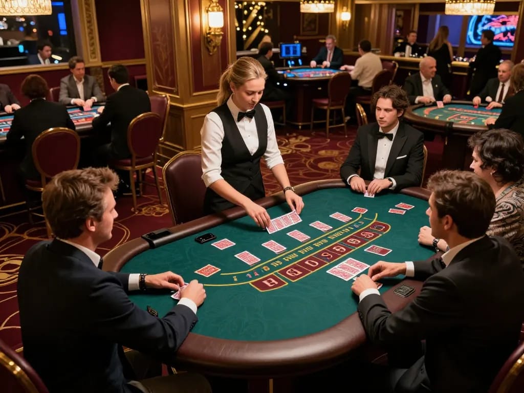 Live Casino baccarat table with players engaged in intense gameplay, showcasing dealer action and glamorous ambiance.